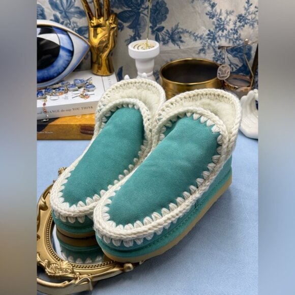 🆕 MOU 🧿 NWT WOB Teal Eskimo Ankle Boot, Cream Crochet Overstitch, Sz EU 35 - Picture 13 of 13